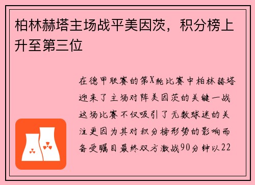 柏林赫塔主场战平美因茨，积分榜上升至第三位
